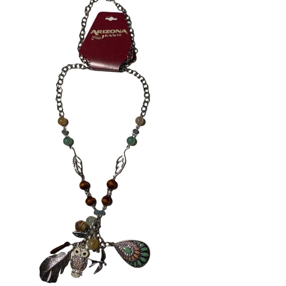 Arizona Jean‎ Co. Fashion Necklace Owl & Leaf Charms Beaded Chain Multicolor 28"